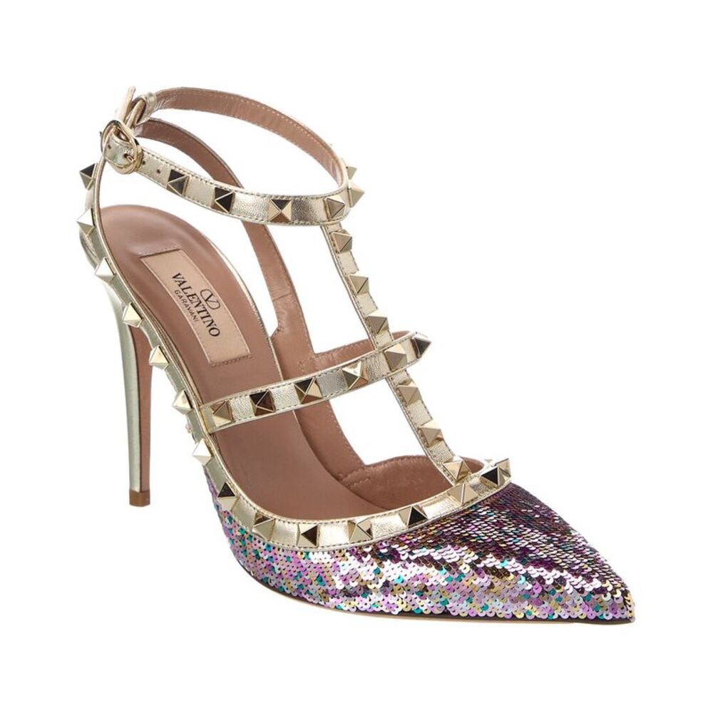 Valentino Rockstud Caged 100 Sequin Leather Pump, Gold